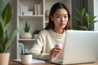 Jeune femme comparant une réduction Yepoda et un code promo influenceur sur son ordinateur portable avec des produits de soin coréens sur son bureau