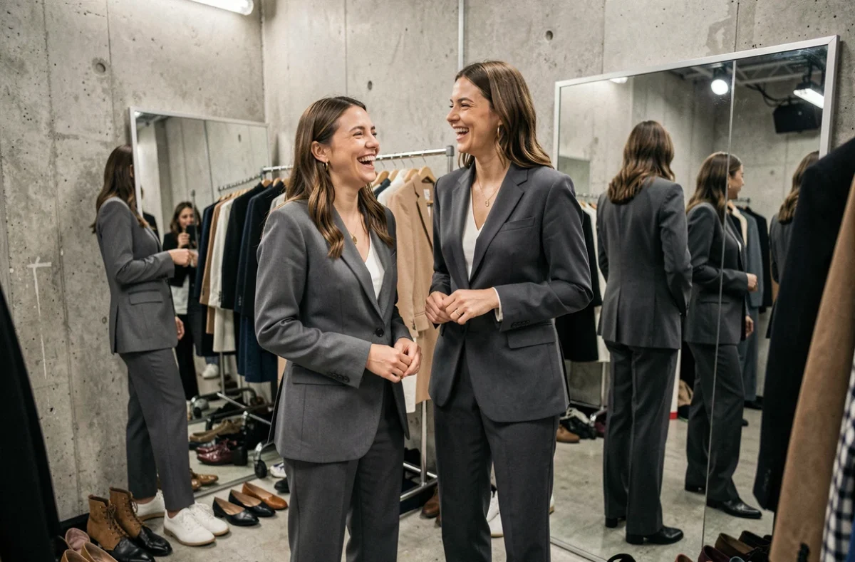 Deux mannequins femmes de tailles différentes en coulisses d'un défilé de mode, comparaison naturelle entre grande et petite taille dans le milieu de la mode