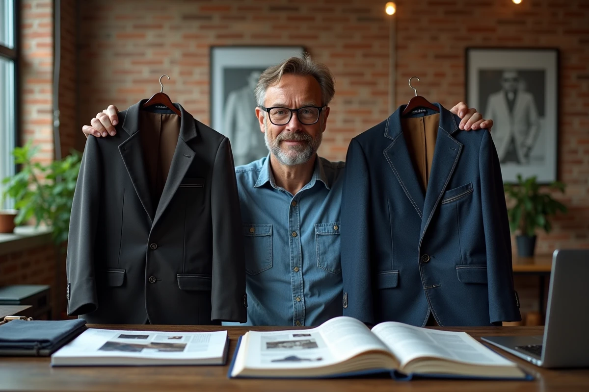 Homme comparant deux vestes pour distinguer une vraie griffe de créateur d'une contrefaçon générique