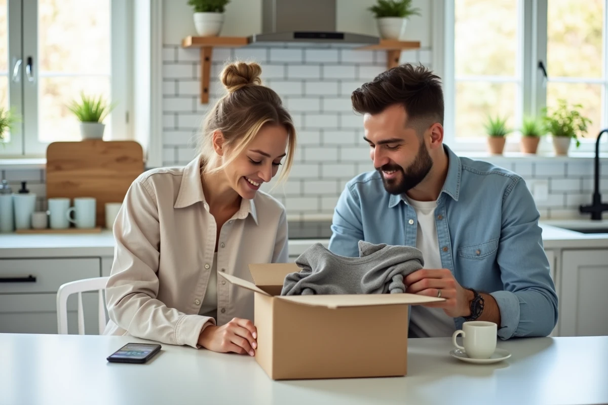 Deux amis comparant des vêtements reçus de Thebradery et donnant leur avis sur la qualité