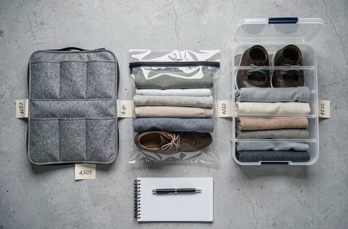 Comparatif de trois sacs de rangement chaussures pas cher différents posés sur fond béton en vue de dessus