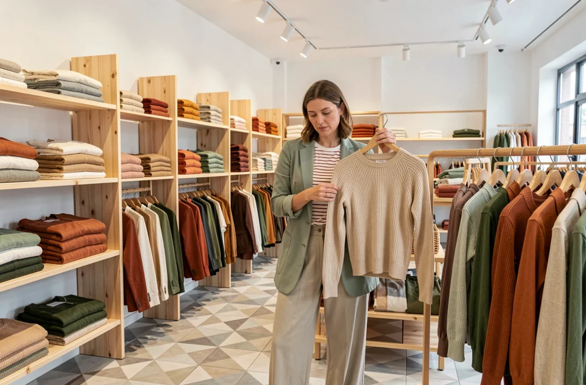 Intérieur du Comptoir des Cotonniers à Caen avec des vêtements en coton et lin sur des étagères en bois naturel