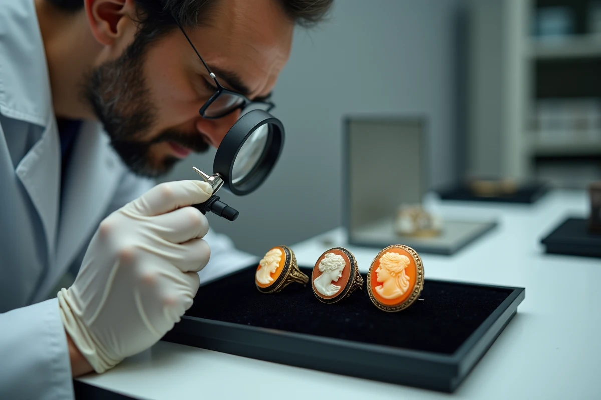 Conservateur de musée examinant à la loupe trois bagues camées antiques représentant des divinités mythologiques sur un plateau de velours sombre