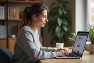 Femme cherchant comment contacter le service client Zalando sur son ordinateur portable depuis son bureau à domicile