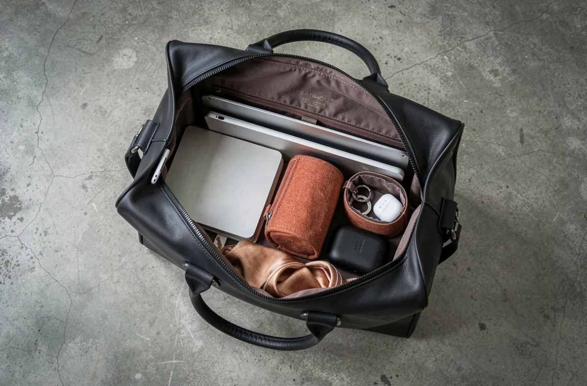 Contenu d'un sac de travail femme organisé illustrant la polyvalence bureau et afterwork