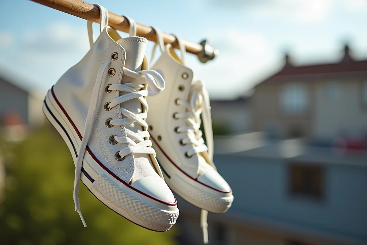 Paire de Converse blanches lavées et suspendues à un séchoir en bois sur un balcon pour sécher après nettoyage