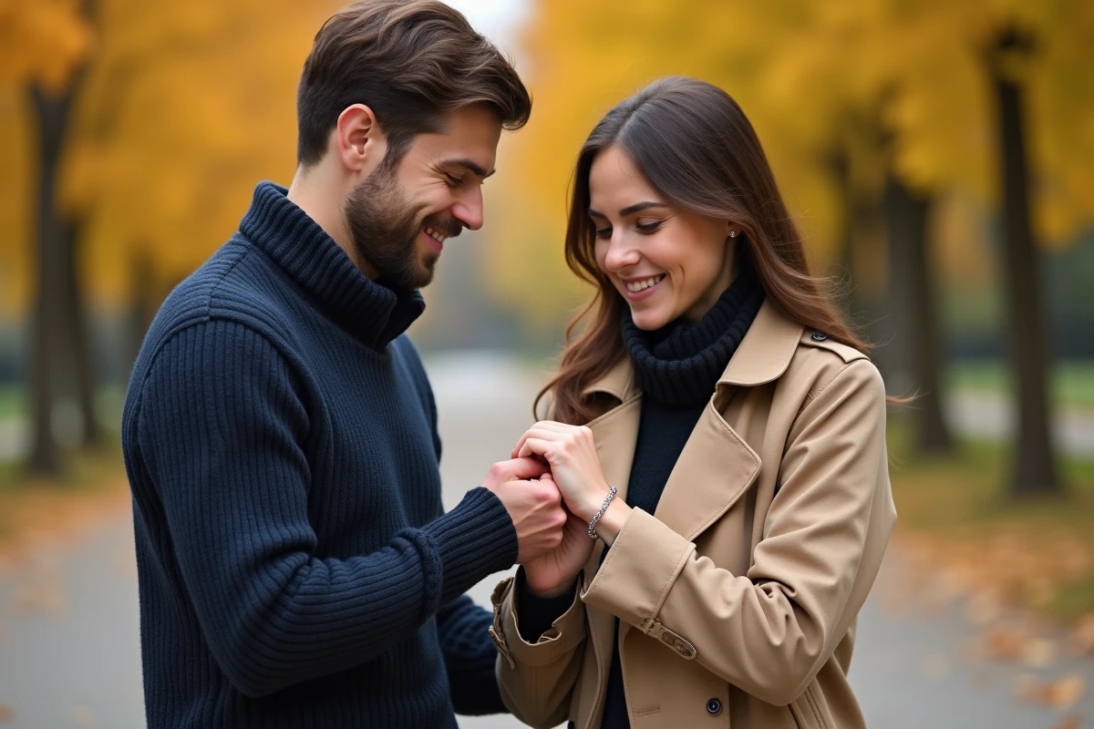 Couple tenant leurs poignets côte à côte avec des bracelets d'amour assortis dans un parc automnal