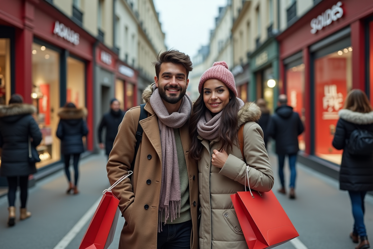 Jeune couple avec sacs de shopping dans la rue parisienne