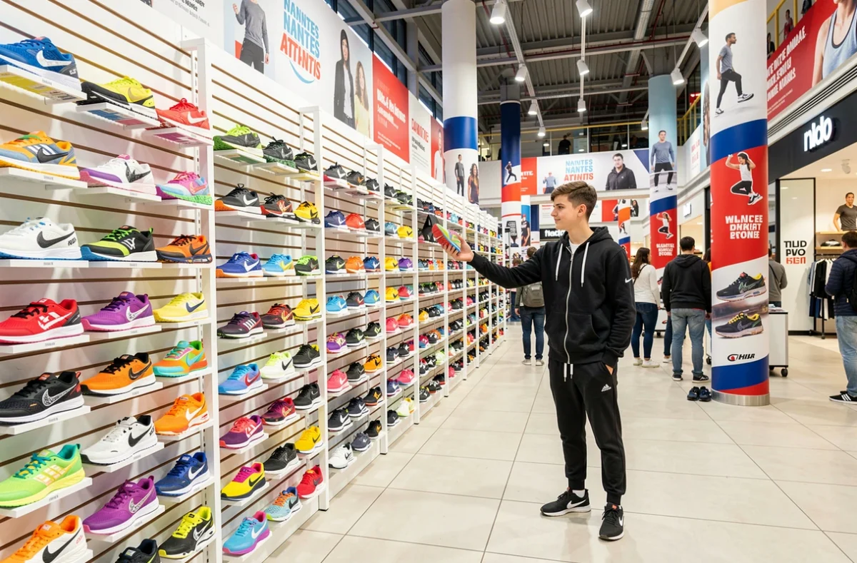 Intérieur du magasin Courir à Nantes Atlantis avec mur de sneakers de grandes marques sportives