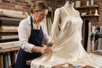 Couturière professionnelle épinglant l'ourlet d'une robe de soirée en soie dans un atelier de retouches couture