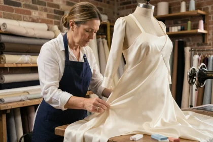 Couturière professionnelle épinglant l'ourlet d'une robe de soirée en soie dans un atelier de retouches couture
