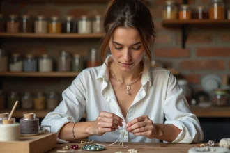 Femme créant un bracelet cordon sur mesure dans un atelier artisanal avec des perles et fils colorés