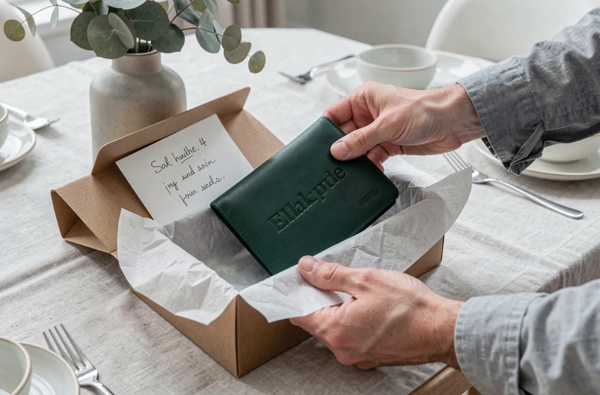 Portefeuille en cuir vert personnalisé avec prénom débossé découvert lors de l'ouverture d'un emballage cadeau élégant