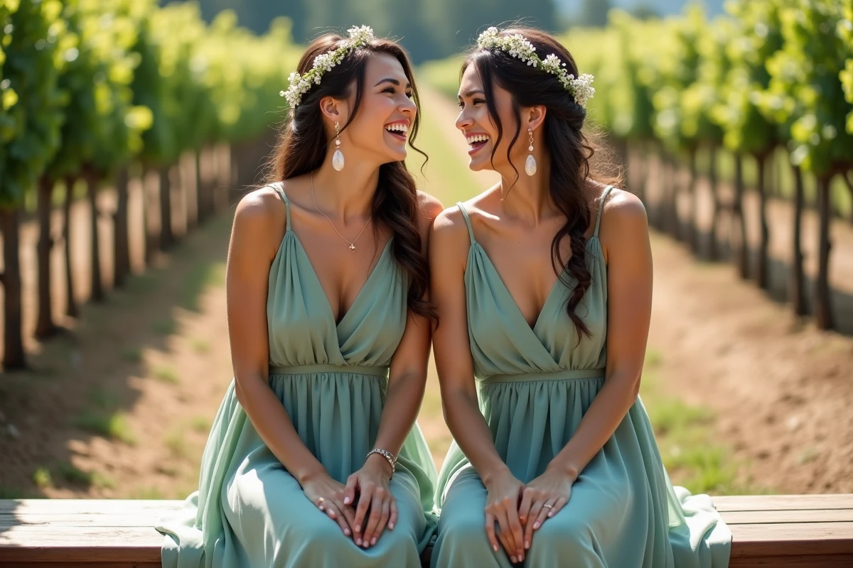 Deux demoiselles d'honneur en robe sauge portant des boucles d'oreilles pompons en or rose avec pierre de lune dans un vignoble lors d'un mariage bohème