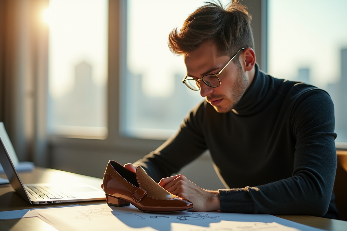 Jeune homme examinant une chaussure de luxe au bureau