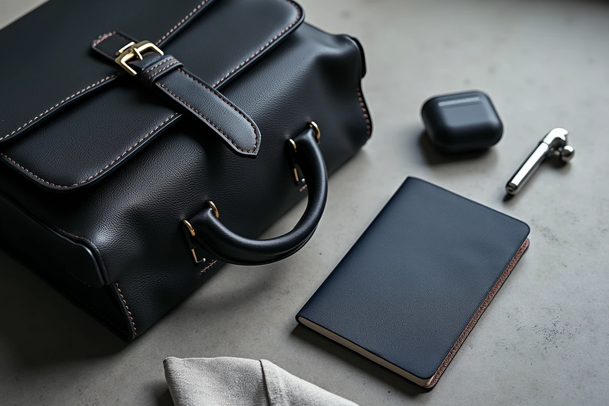 Détail d'une besace en cuir noir pour homme posée sur terrazzo avec accessoires de voyage