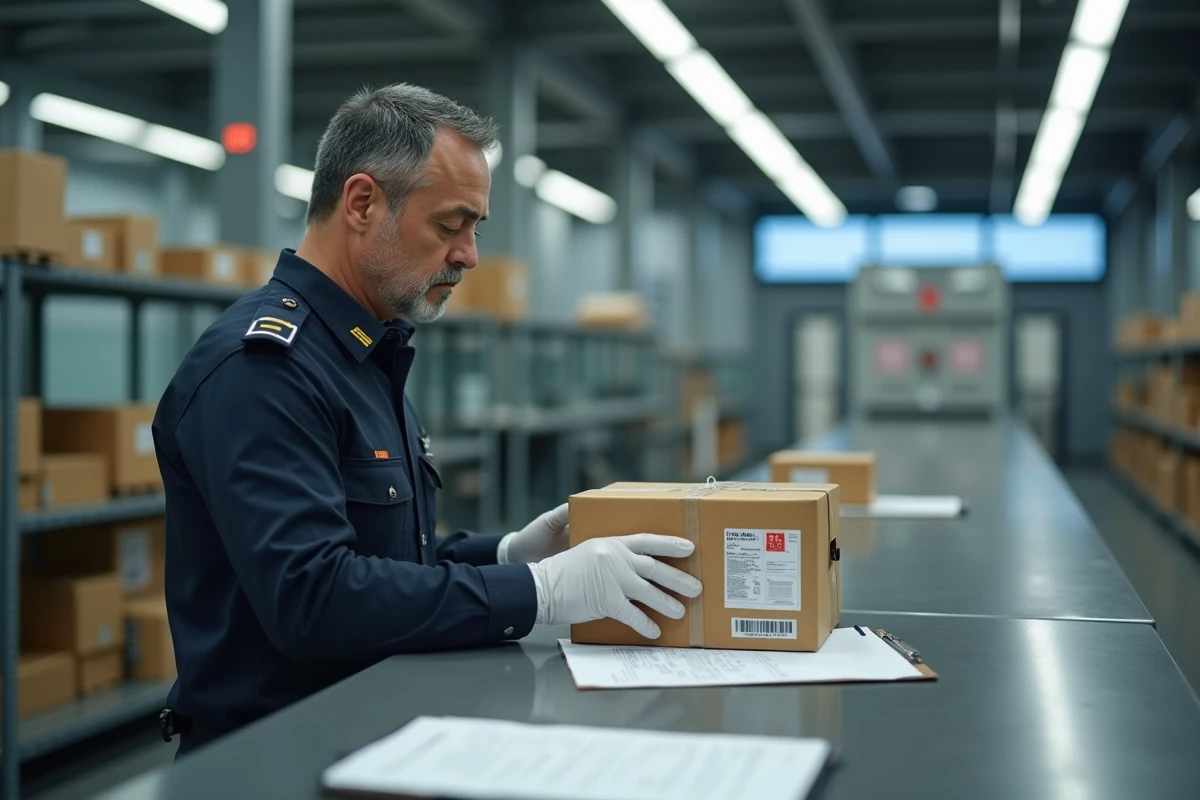 Agent des douanes inspectant un colis international dans un bureau de contrôle douanier