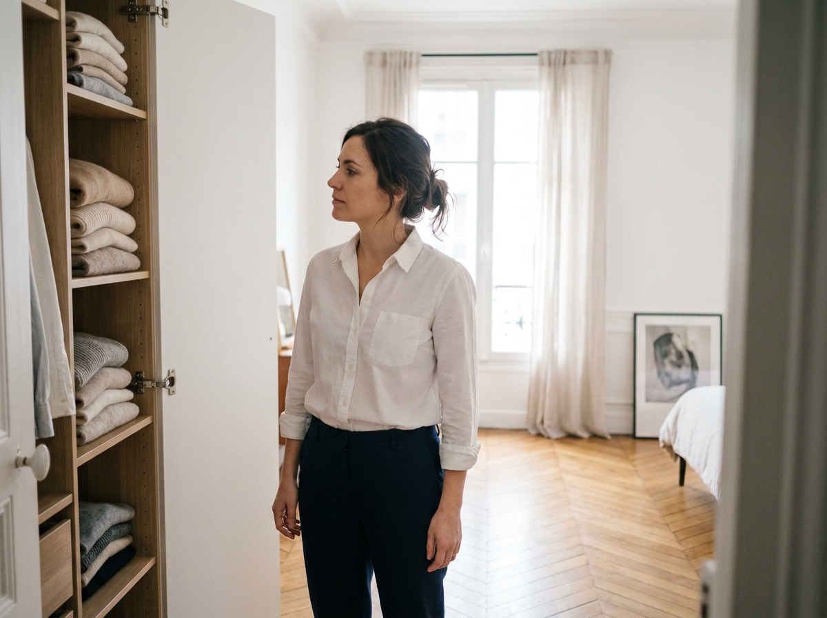Femme devant un dressing organisé avec des vêtements basiques bien rangés, chemise blanche et pantalon marine