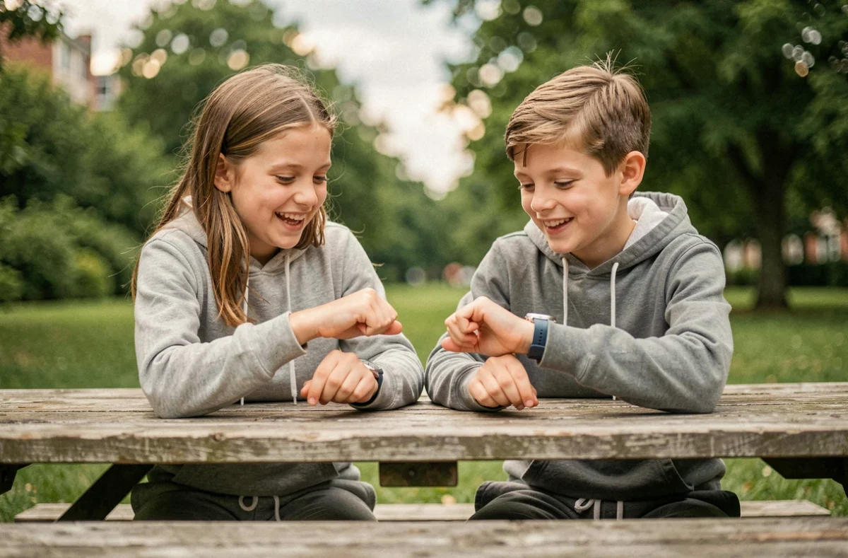 Deux enfants comparent leurs montres AM-PM à cadran analogique dans un parc urbain lors d'une sortie en week-end