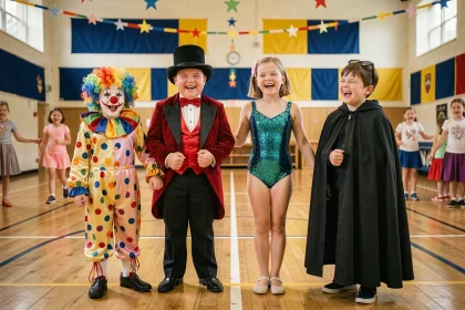 Groupe d'enfants déguisés en personnages de cirque lors d'un carnaval scolaire dans un gymnase décoré