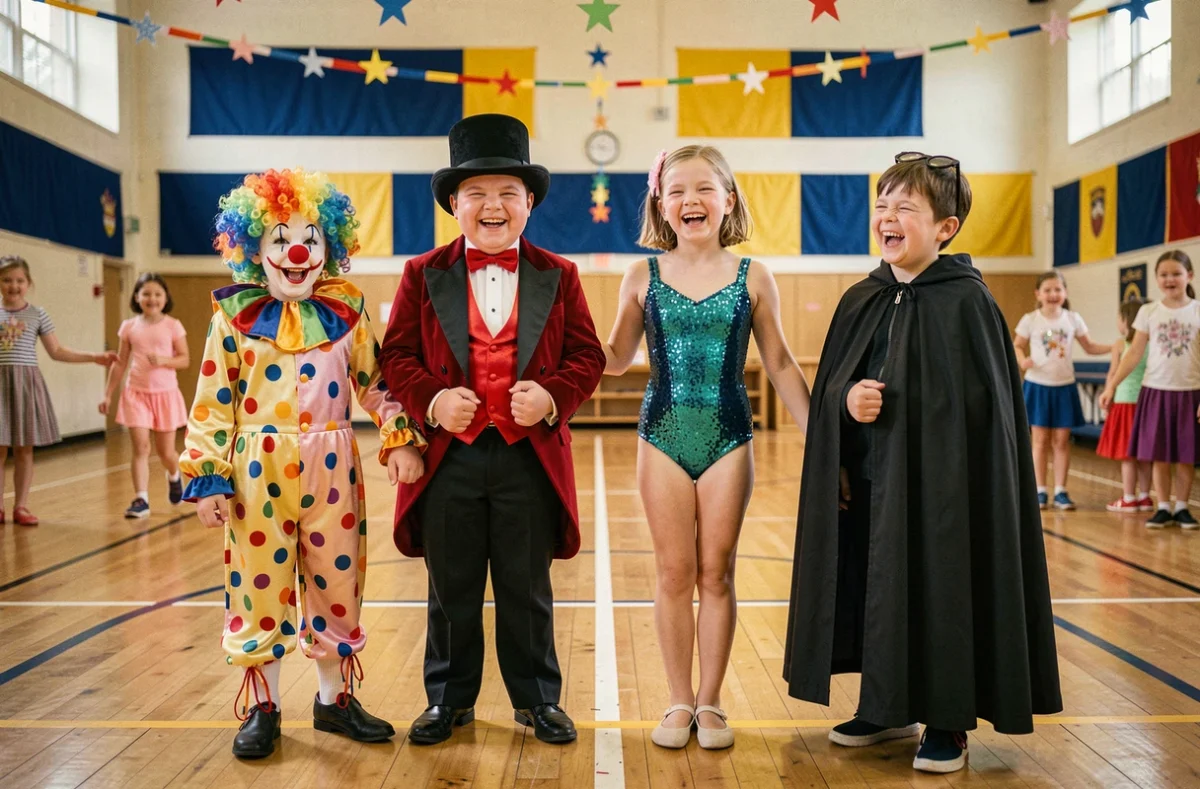 Groupe d'enfants déguisés en personnages de cirque lors d'un carnaval scolaire dans un gymnase décoré