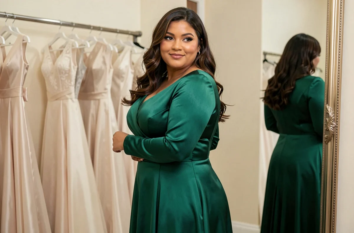 Femme ronde essayant une robe longue grande taille à manches longues en satin vert dans une boutique de mariage