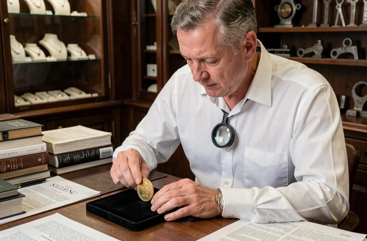Expert bijoutier examinant un poinçon sur une pièce d'or ancien avec une loupe de joaillier dans une boutique traditionnelle