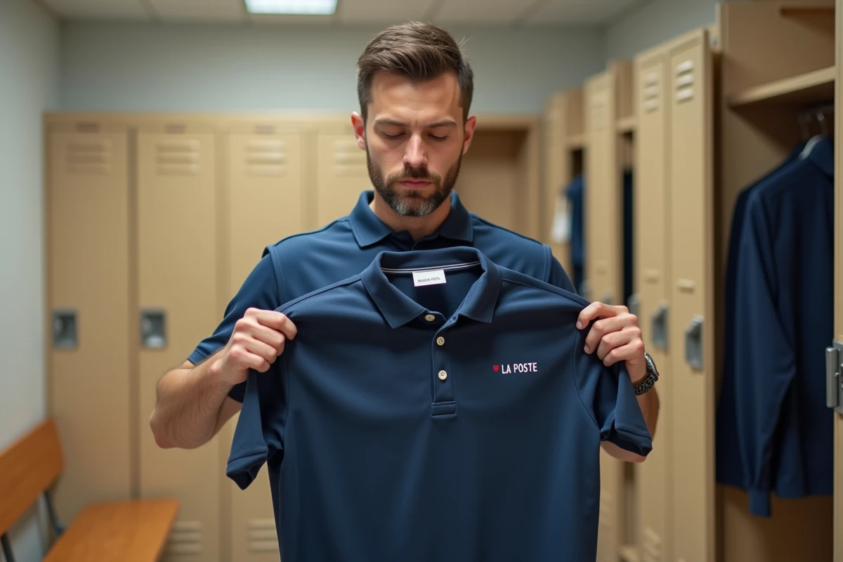 Facteur débutant examinant un polo uniforme La Poste dans un vestiaire de bureau postal