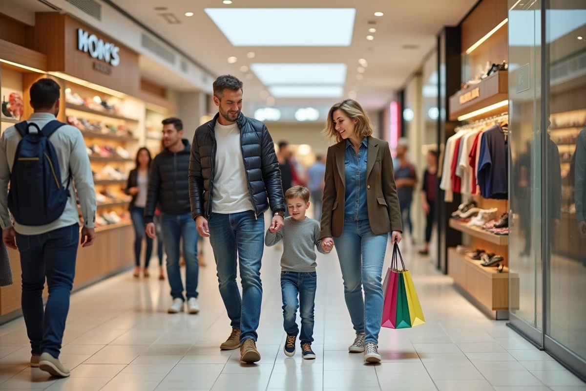 Famille avec enfant dans un magasin outlet à Village des Marques