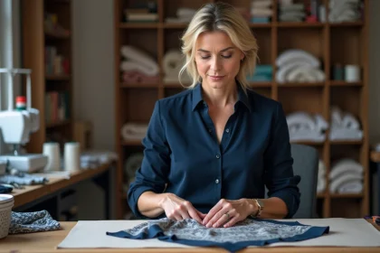 Femme examinant un foulard en soie dans un atelier textile