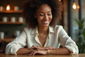 Femme contemplant son bracelet d'amour en or posé sur son poignet dans un café chaleureux