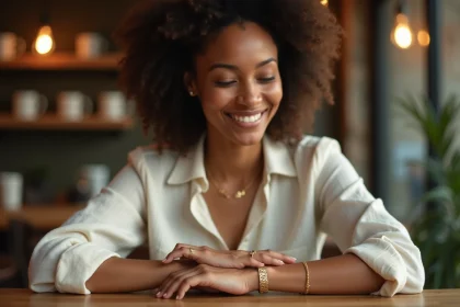 Femme contemplant son bracelet d'amour en or posé sur son poignet dans un café chaleureux