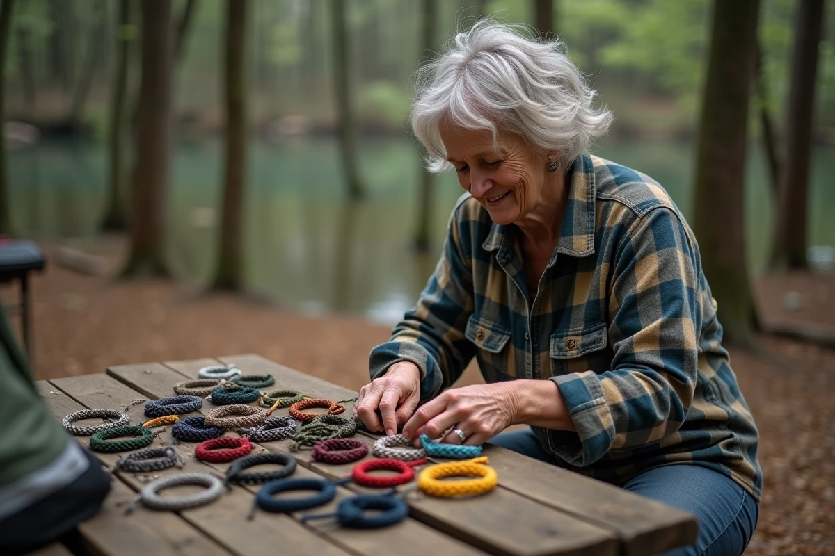 Femme âgée montrant des bracelets paracord sur une table en bois