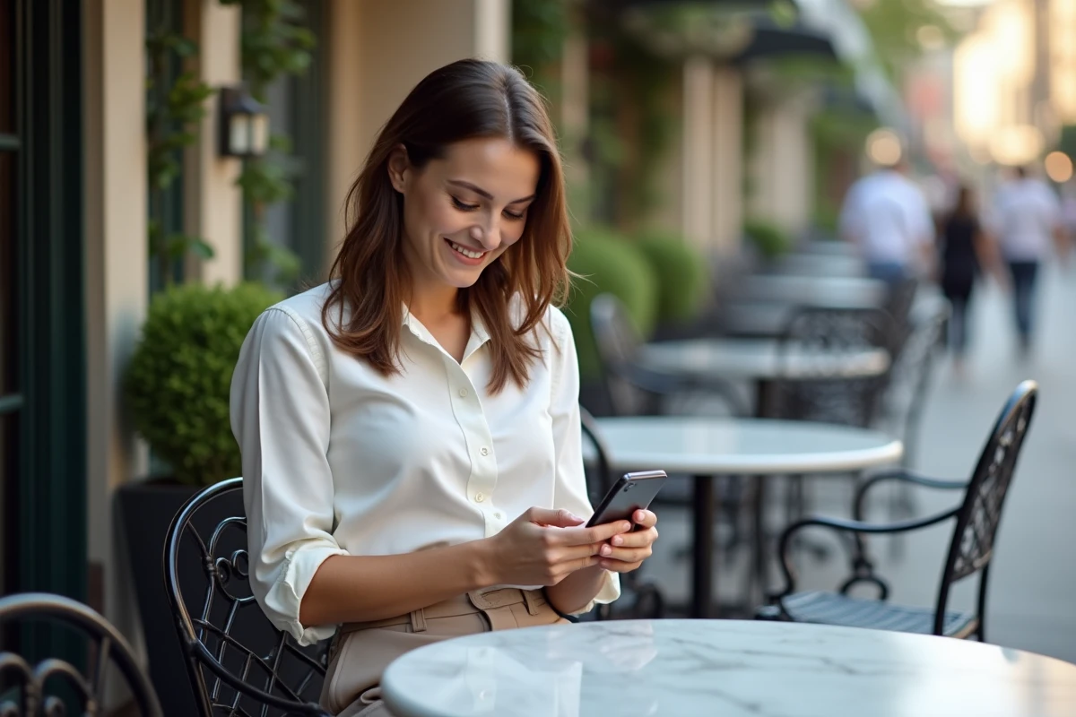 Femme stylée assise au café lisant son smartphone