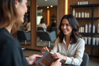 Femme souriante en salon de coiffure avec coiffeur visagiste