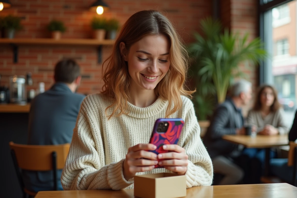 Femme découvrant une coque téléphone originale en cadeau dans un café cosy
