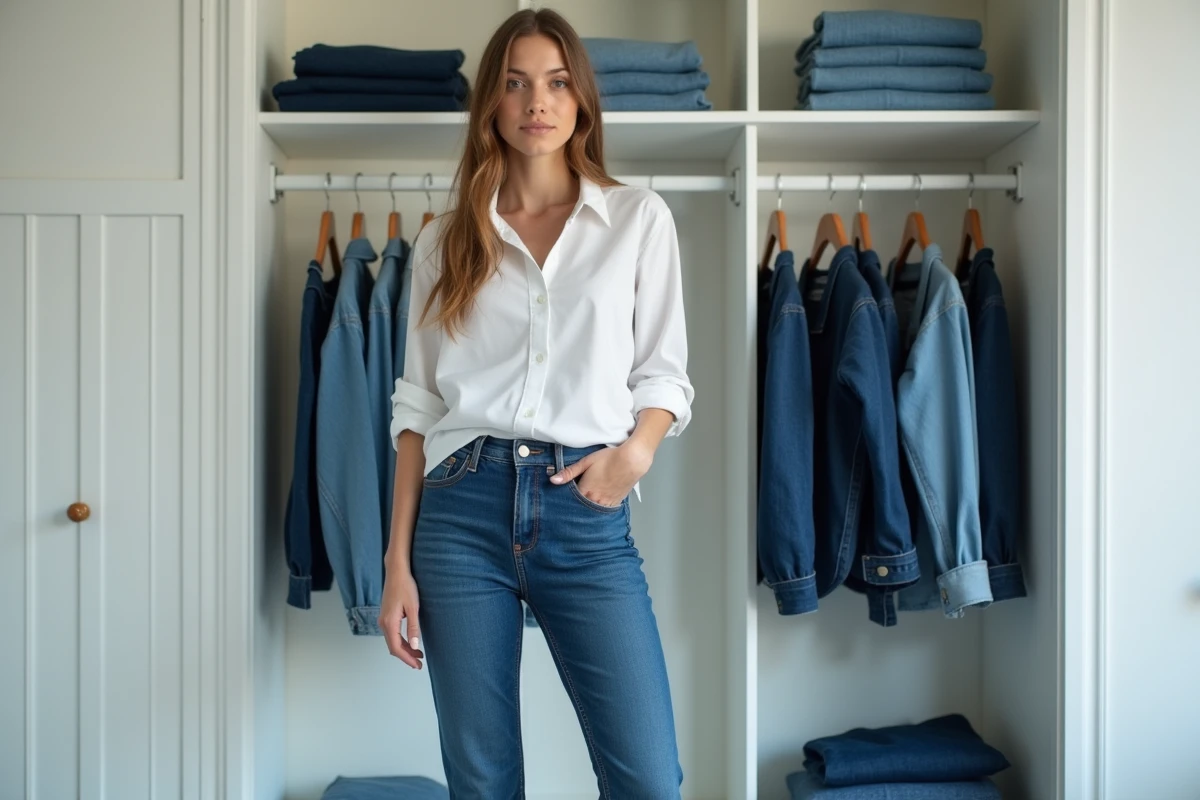 Femme en jean droit devant un dressing moderne soigneusement organisé avec plusieurs modèles de jeans, symbolisant l'évolution du jean dans la mode contemporaine
