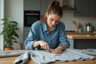 Jeune femme en denim retire une etiquette d'un pull dans une cuisine moderne