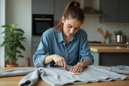 Jeune femme en denim retire une etiquette d'un pull dans une cuisine moderne