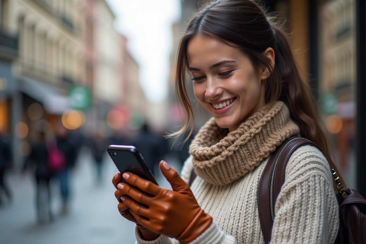 Jeune femme testant ses gants modifiés sur son smartphone en extérieur