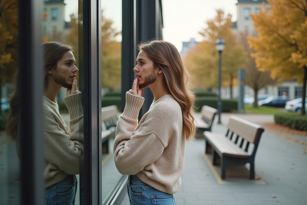 Femme avec goatee regardant dans une fenêtre en parc urbain