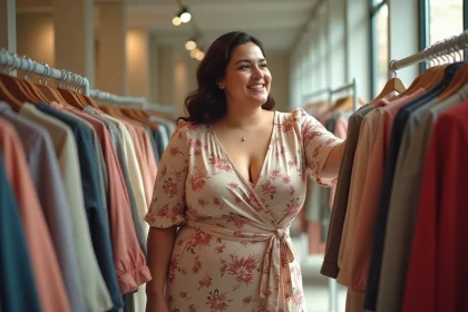 Femme grande taille souriante en robe portefeuille fleurie dans une boutique de mode grande taille