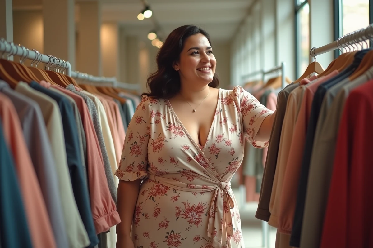 Femme grande taille souriante en robe portefeuille fleurie dans une boutique de mode grande taille
