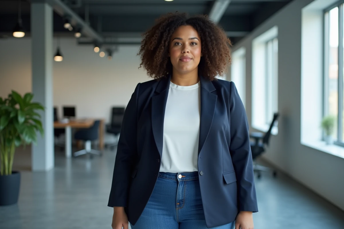 Femme grande taille en blazer marine et jean droit adoptant une silhouette professionnelle et élégante