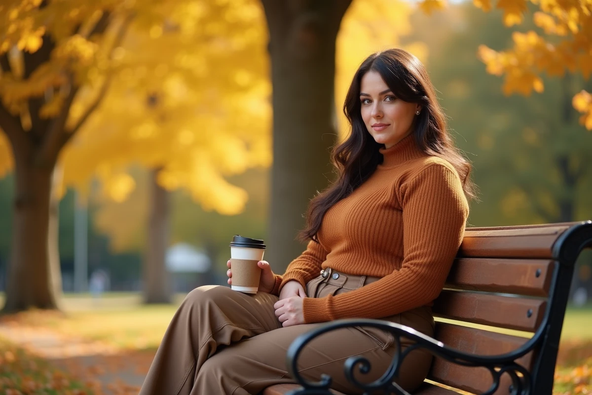 Femme ronde en tenue confortable portant un pantalon large et un pull côtelé dans un parc en automne