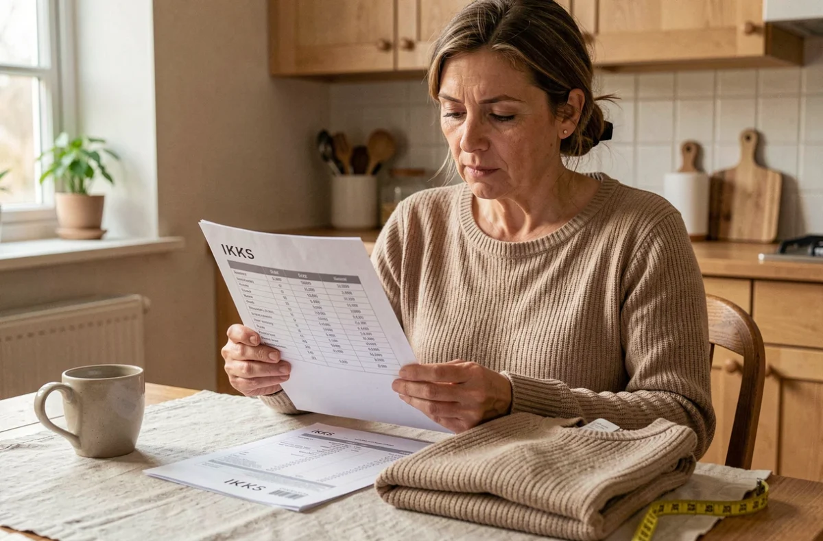 Femme consultant un guide des tailles IKKS à la maison avec un mètre ruban et une étiquette de vêtement