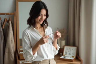 Femme élégante examinant des colliers en or et argent