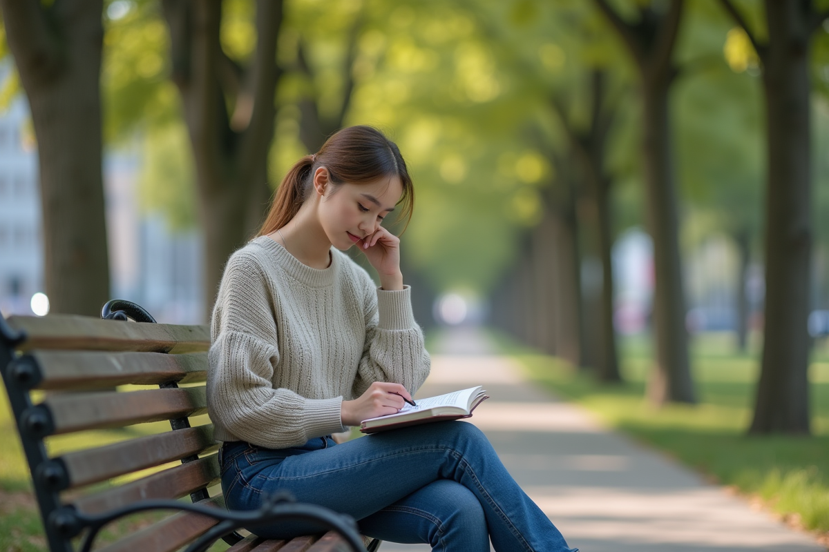 Jeune femme lisant dans un parc en plein air