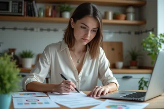 Jeune femme analysant des documents de produit à la maison