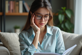 Femme en blouse bleue lisant dans un salon cosy
